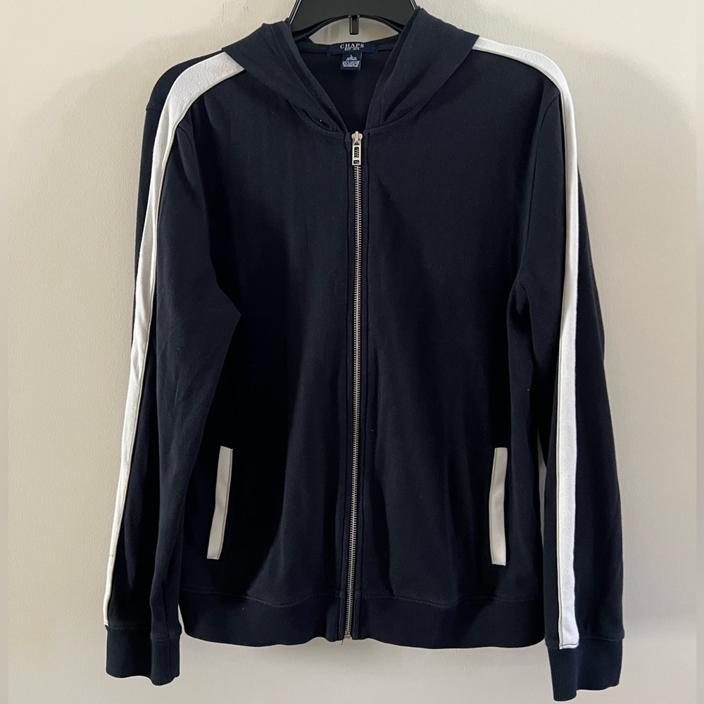 Women’s Chaps zip, hooded light weight jacket, Navy, white trim size L